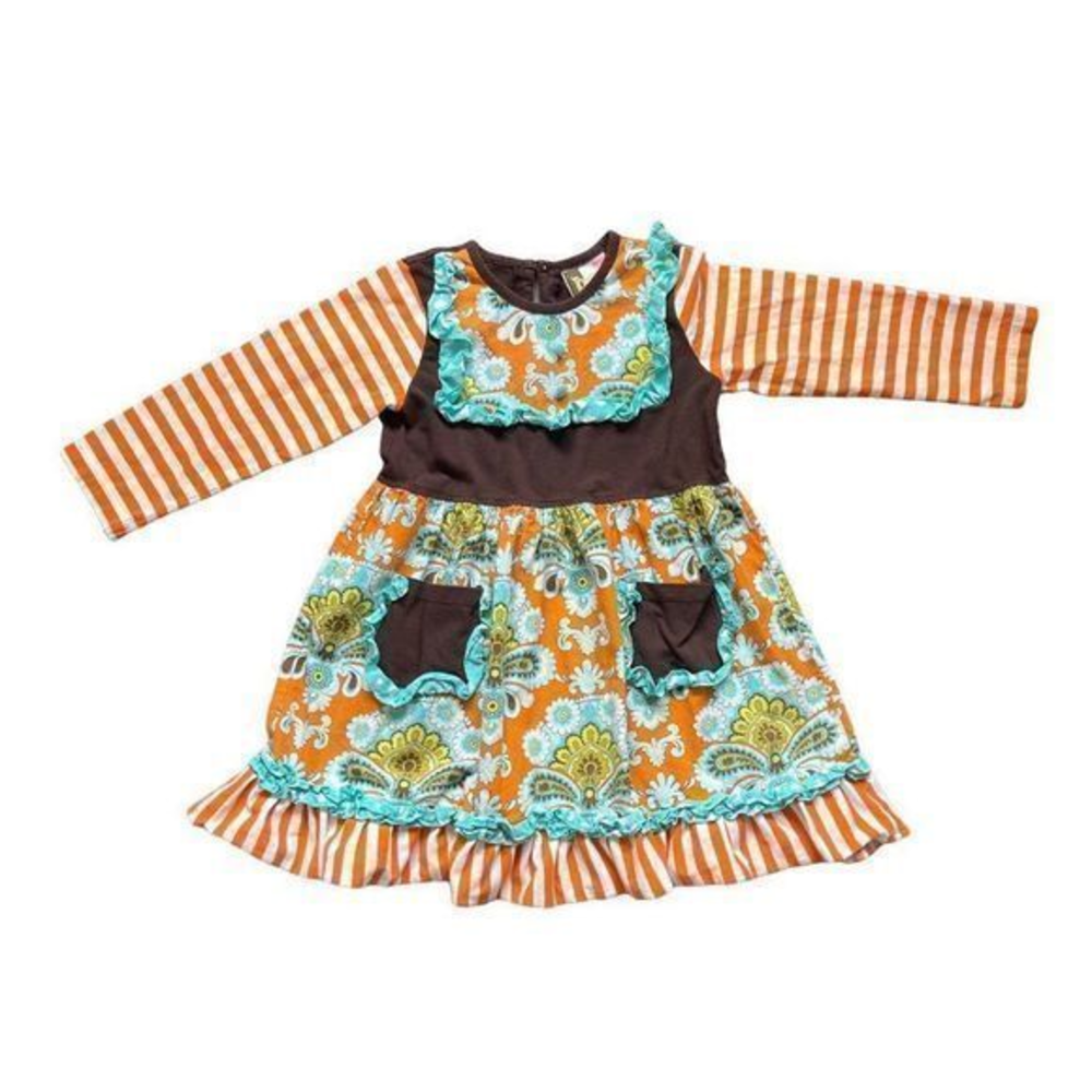 Banana Split 100% Cotton Mixed Pattern Orange Long Sleeve‎ Dress Girl's Size 4T